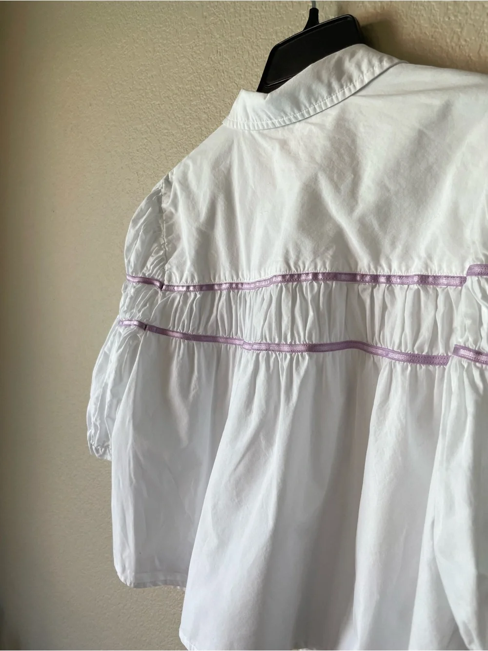 Anthropologie Maeve Leandra Yoke Shirred Blouse White Purple Ribbon Combo